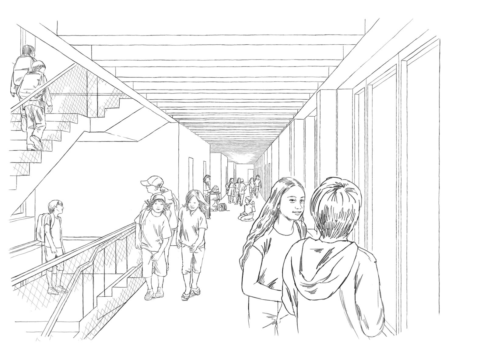 oculus-illustration-architektur-visualisierung-skizze-innenansicht-schulhaus-korridor