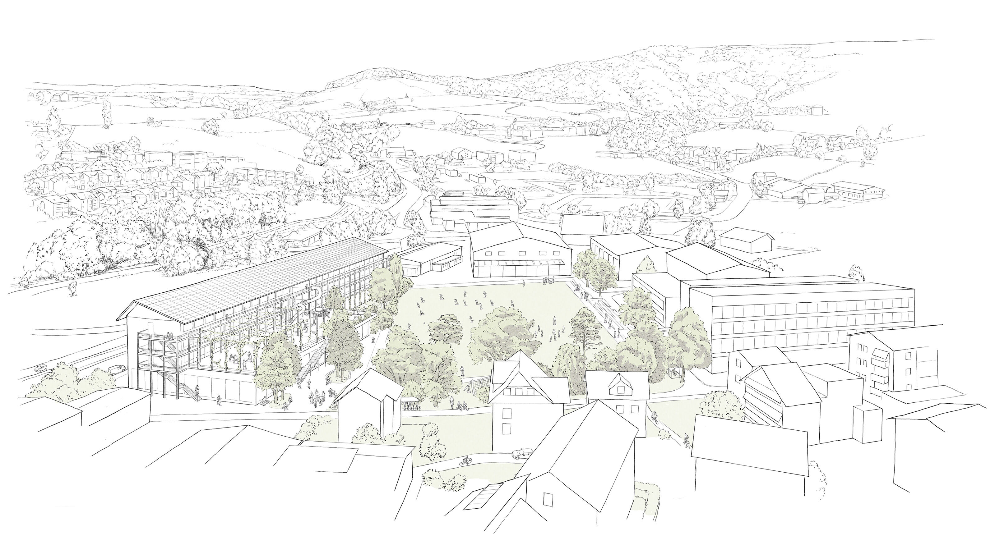 oculus-illustration-architektur-visualisierung-skizze-aussenansicht-schulhaus-vogelperspektive