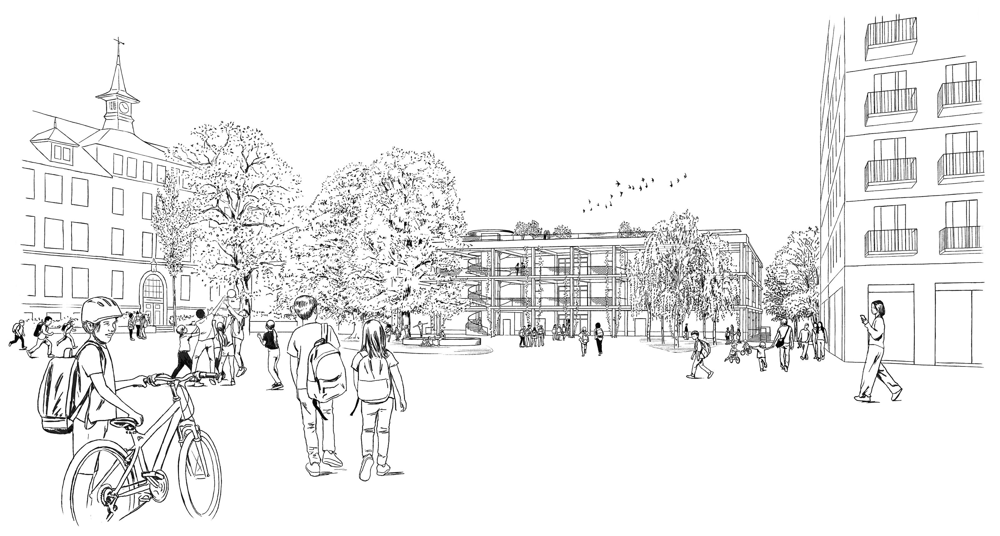 oculus-illustration-architektur-visualisierung-zeichnung-schulhaus-schulplatz